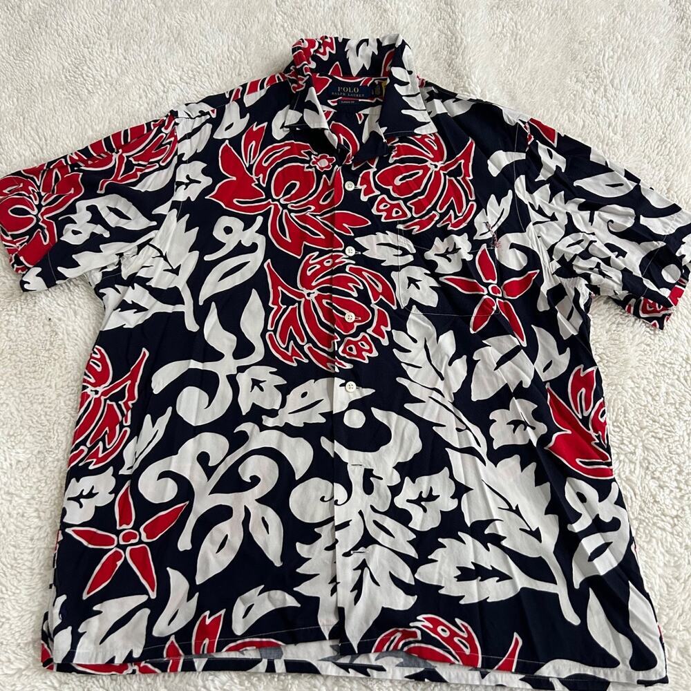 Polo Ralph Lauren Mens Hawaiian Shirt Sz L Navy Red Preppy Summer Country Club - Picture 2 of 7